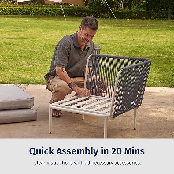 Patios Veranda 5-piece outdoor patio furniture set – navy blue and dove grey modular sofa with tempered glass table
طقم حدائق فيراندا ٥ قطع من Patios – كنبة كحلي ورمادي مع ترابيزة زجاج – جلسة خارجية للحديقة أو البلكونة
