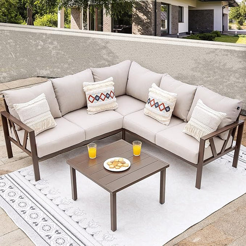 Patios outdoor L-shaped sofa set – 6-piece beige metal garden set (ركنة خارجية من ٦ قطع بلون بيج من شركة Patios)
