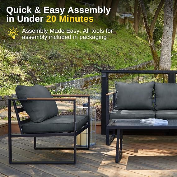 Blendo 4-piece patio furniture set by Patios – black frame with dark grey cushions (طقم حدائق ٤ قطع من Patios – إطار أسود وتنجيد رمادي غامق)
