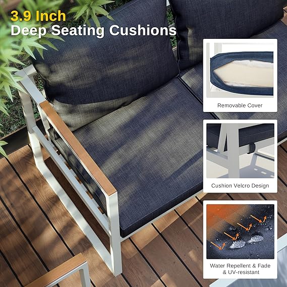 Patios Blendo 4-piece outdoor patio furniture set – white and champagne gold frame with wooden table – garden and balcony sofa
طقم حدائق بليندو من Patios – ٤ قطع – إطار أبيض وذهبي فاتح مع ترابيزة خشب – كنبة للحديقة أو البلكونة
