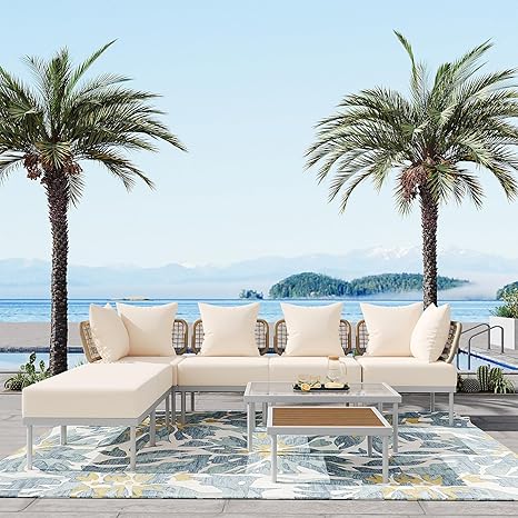 
Patios Ampela 8-piece outdoor sectional set – Beige – with ottomans, glass tables, and cushioned seats | طقم جلسات خارجي ٨ قطع من باتيوس – أمبيلا بيج – مع بف وترابيزات زجاج ووسائد مريحة