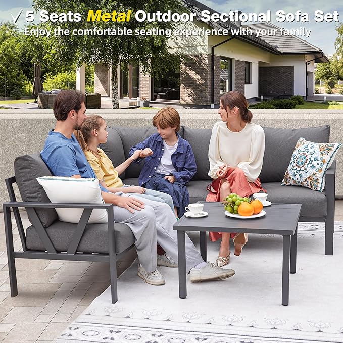 Patios steel outdoor L-shaped garden set – 6 pieces (ركنة معدنية رمادية مع ترابيزة جانبية) – تصميم أنيق للحدائق أو البلكونات

