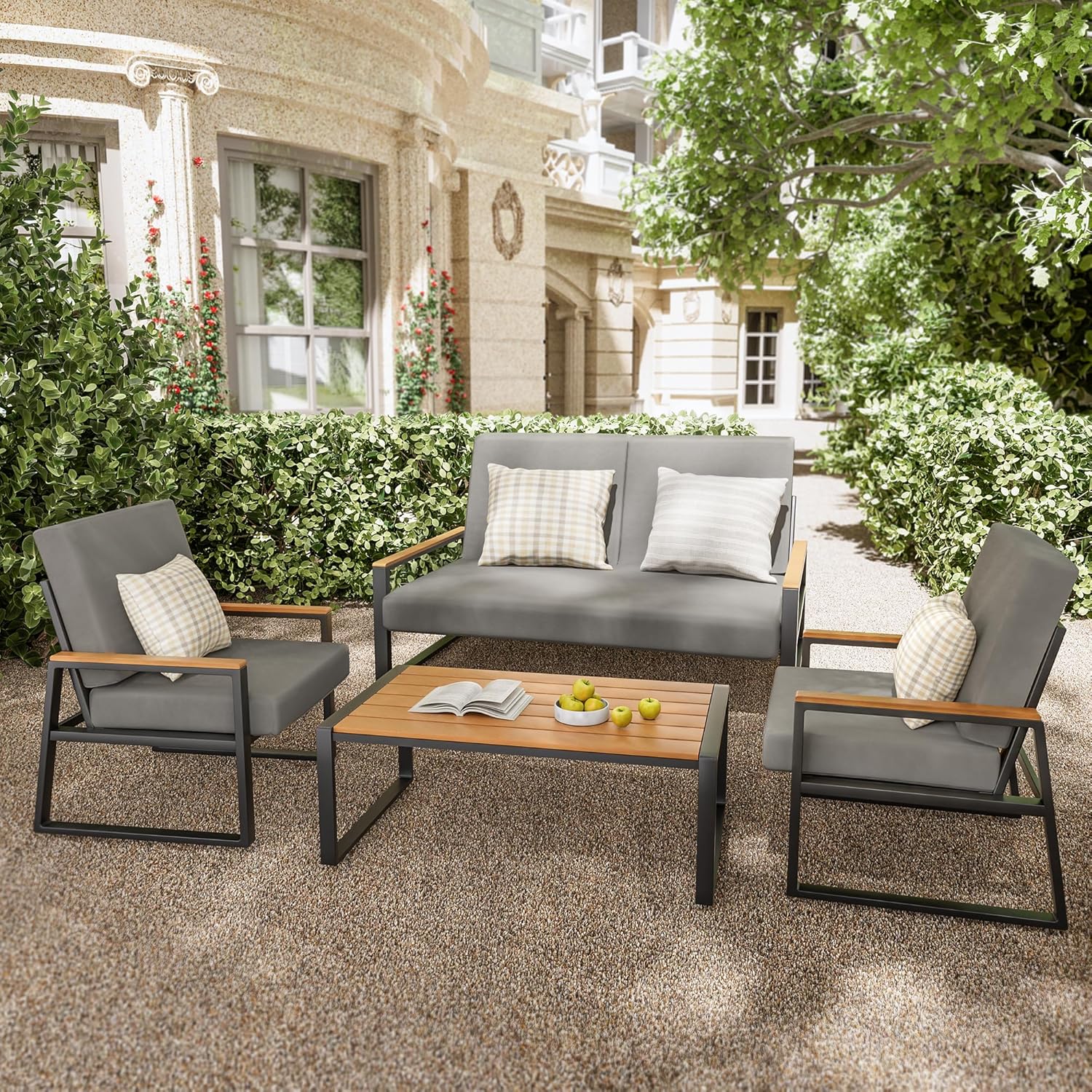 Zoon 4-piece outdoor patio set by Patios – metal frame, grey cushions, and tempered glass table (طقم حدائق ٤ قطع من Patios بإطار معدني ووسائد رمادية)
