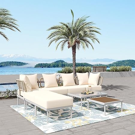 
Patios Ampela 8-piece outdoor sectional set – Beige – with ottomans, glass tables, and cushioned seats | طقم جلسات خارجي ٨ قطع من باتيوس – أمبيلا بيج – مع بف وترابيزات زجاج ووسائد مريحة