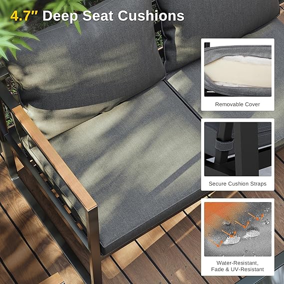 Blendo 4-piece patio furniture set by Patios – black frame with dark grey cushions (طقم حدائق ٤ قطع من Patios – إطار أسود وتنجيد رمادي غامق)
