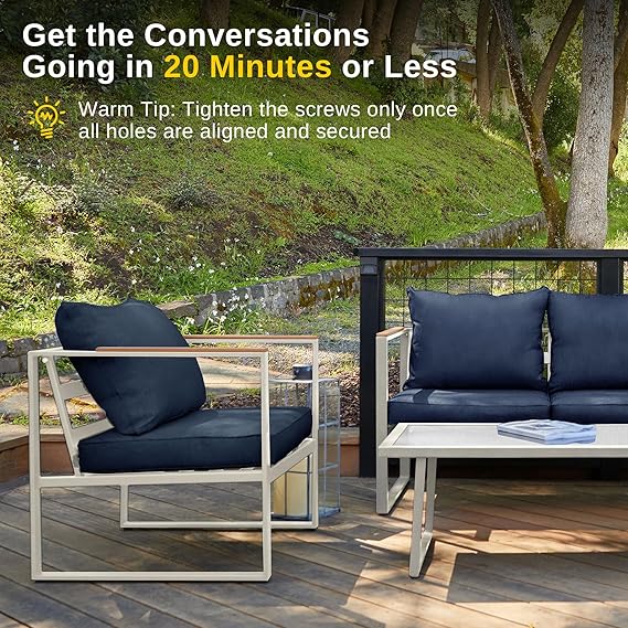 Patios Blendo 4-piece outdoor patio furniture set – white and champagne gold frame with wooden table – garden and balcony sofa
طقم حدائق بليندو من Patios – ٤ قطع – إطار أبيض وذهبي فاتح مع ترابيزة خشب – كنبة للحديقة أو البلكونة
