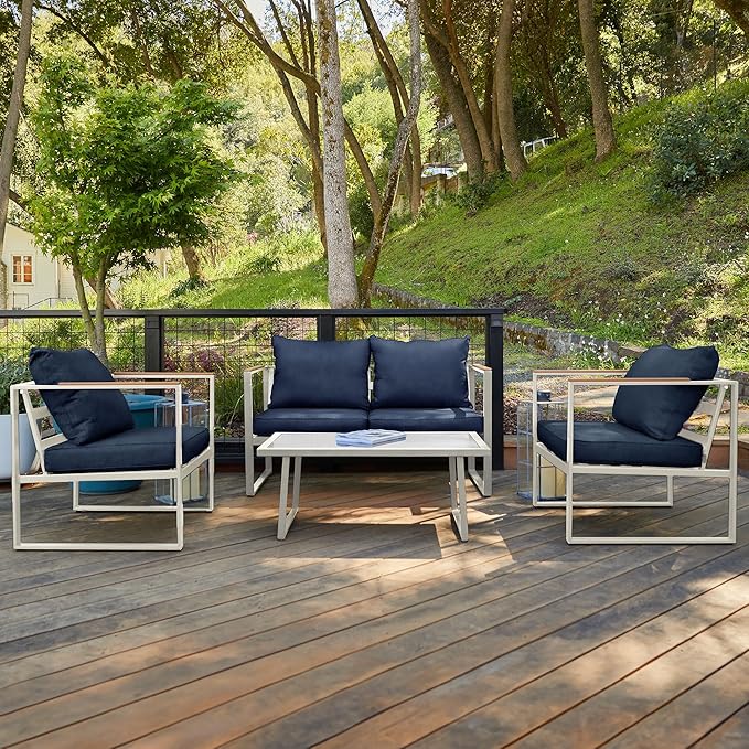Patios Blendo 4-piece outdoor patio furniture set – white and champagne gold frame with wooden table – garden and balcony sofa
طقم حدائق بليندو من Patios – ٤ قطع – إطار أبيض وذهبي فاتح مع ترابيزة خشب – كنبة للحديقة أو البلكونة

