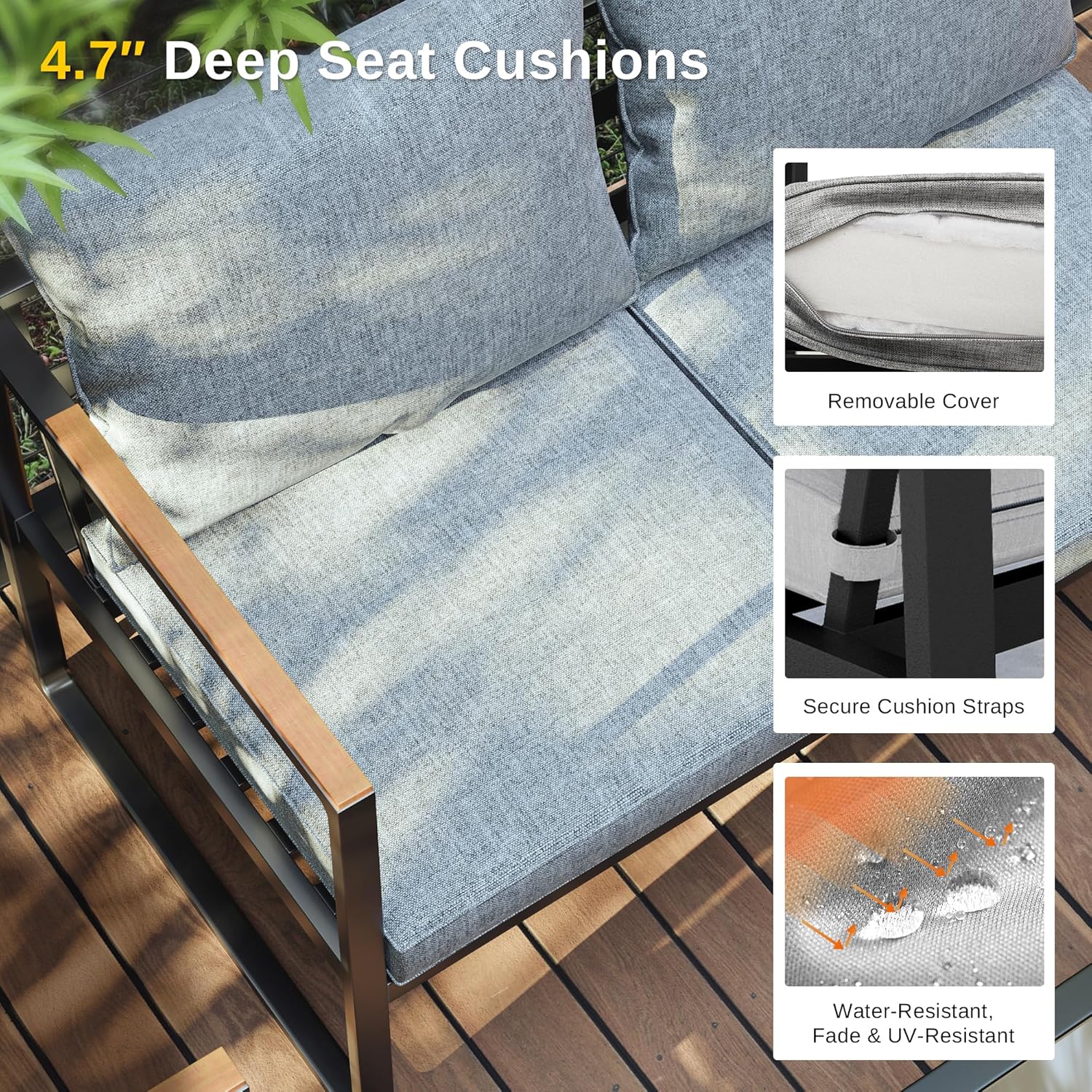 Blendo 4-piece outdoor furniture set by Patios – black frame with light grey cushions (طقم حدائق ٤ قطع من Patios – إطار أسود وتنجيد رمادي فاتح)
