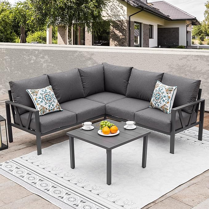 Patios steel outdoor L-shaped garden set – 6 pieces (ركنة معدنية رمادية مع ترابيزة جانبية) – تصميم أنيق للحدائق أو البلكونات