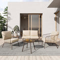 Oval 4-piece outdoor furniture set by Patios – brown wood-look frame with beige cushions (طقم جلسات خارجية ٤ قطع من Patios – إطار بني ووسائد بيج)
