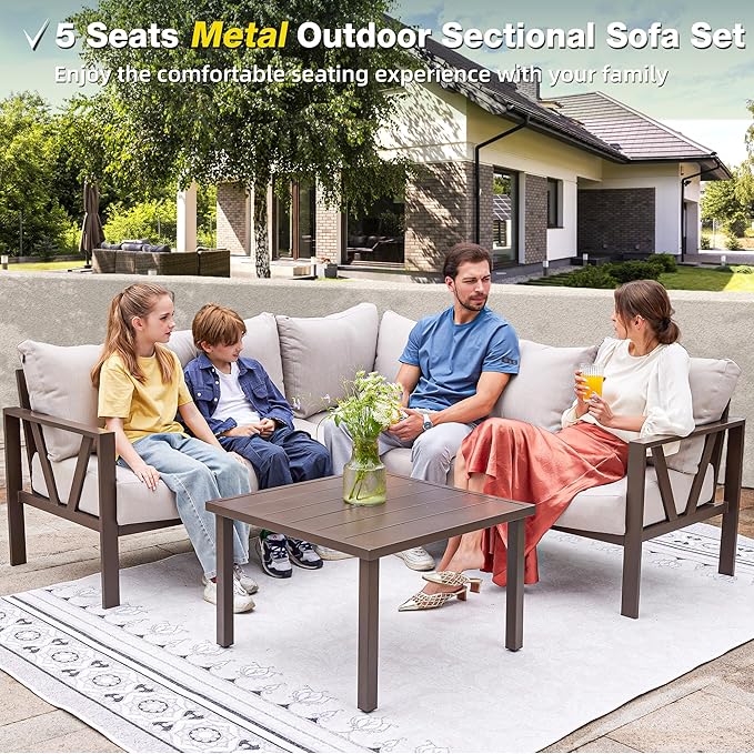 Patios outdoor L-shaped sofa set – 6-piece beige metal garden set (ركنة خارجية من ٦ قطع بلون بيج من شركة Patios)
