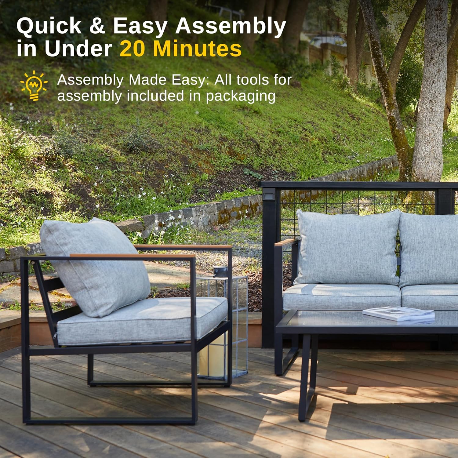 Blendo 4-piece outdoor furniture set by Patios – black frame with light grey cushions (طقم حدائق ٤ قطع من Patios – إطار أسود وتنجيد رمادي فاتح)
