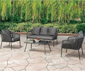 Teraza 4-piece patio set by Patios – metal frame with dual-tone grey cushions and glossy coffee table (طقم جلسات خارجي من Patios – وسائد رمادية مزدوجة وسطح ترابيزة لامع)
