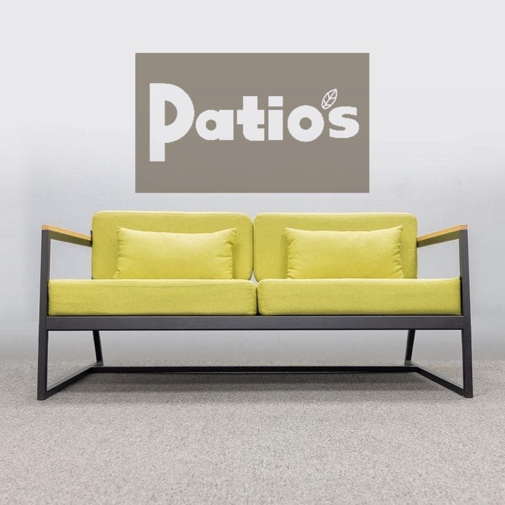 outdoor furniture set by Patios – black metal frame with wood accent and grey cushions (طقم حديقة من Patios بإطار معدني وخشب ووسائد رمادية)
