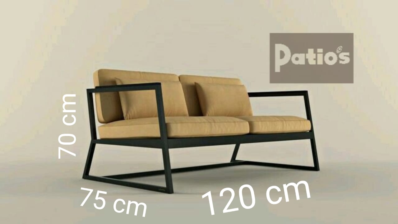 outdoor furniture set by Patios – black metal frame with wood accent and grey cushions (طقم حديقة من Patios بإطار معدني وخشب ووسائد رمادية)
